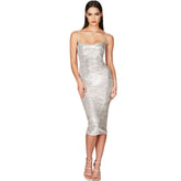 Vestido midi de cóctel ajustado con escote redondo y lentejuelas brillantes - Plateado